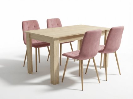 Jídelní stůl UMEKO 120x80 dub sonoma a růžové židle KARA – set 1+4