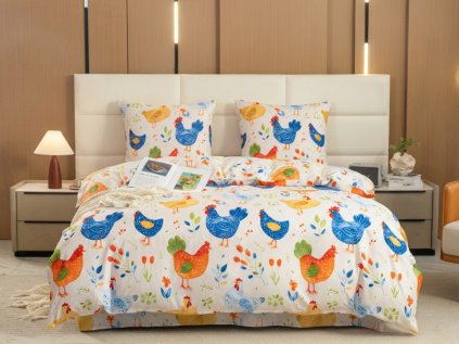 Povlečení z mikrovlákna HENRIETTA barevné s veselým motivem slepiček
