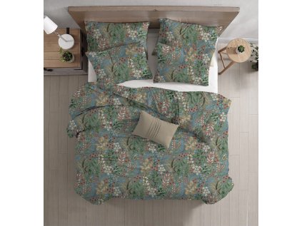 Zelené povlečení z Renforcé bavlny LUNARIA s květinovým vzorem