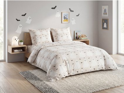Dětské bavlněné povlečení GHOSTIE béžové s roztomilými duchy a netopýry