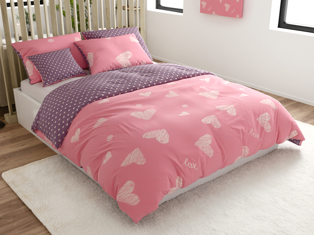 Szívek és pöttyök rózsaszín pamut kétoldalas ágynemű