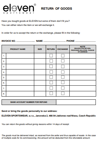 Returns or exchange of goods