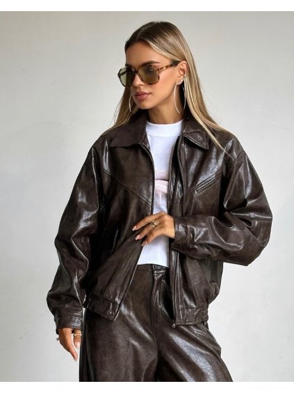 Hnedá dámska koženková bunda v oversized štýle s jemným leskom