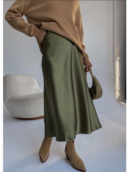 Olivovo zelená saténová midi sukňa v A-strihu, elegantná lesklá sukňa Imperial pre jesenné outfity