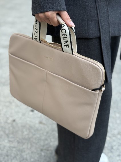 Béžová kožená taška na notebook s modernými popruhmi a zipsovým zapínaním, elegantná do práce