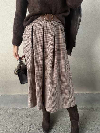 Dlhá károvaná sukňa v zemitých tónoch – skladaný strih, midi dĺžka a elegantný štýl