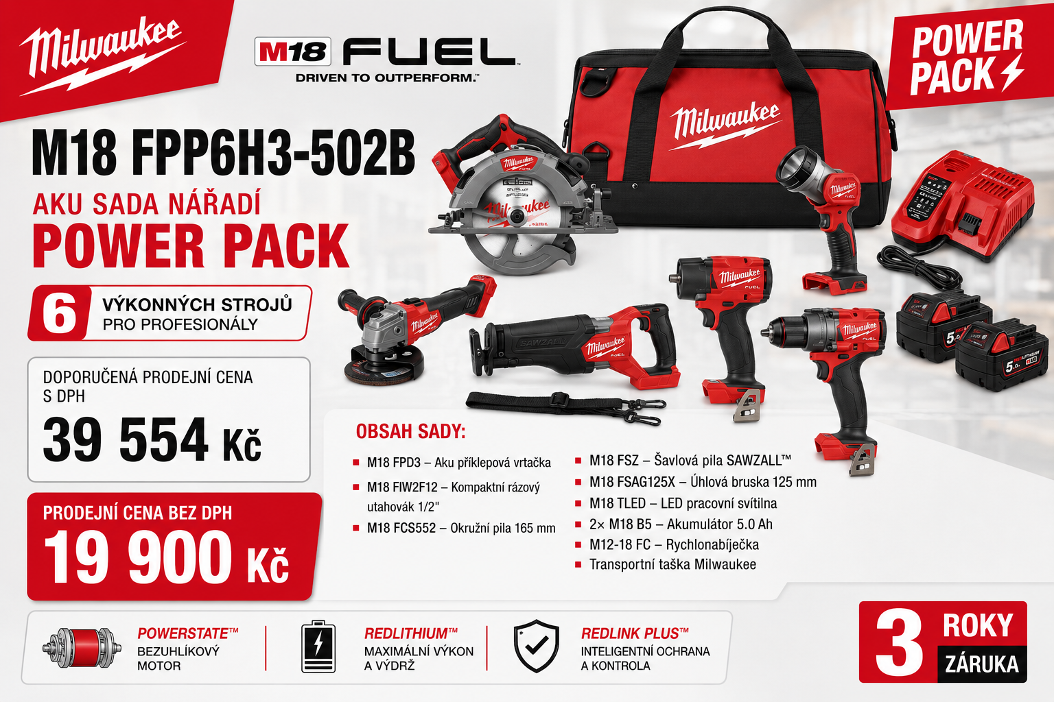 MILWAUKEE M18 FPP6H3-502B – profesionální 6dílná sada aku nářadí M18 FUEL