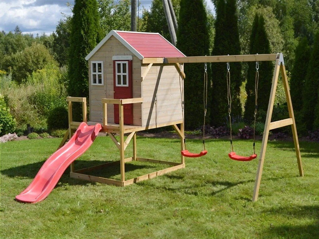 Zahradní domeček pro děti s hřištěm (2 houpačky) - červena barevná varianta