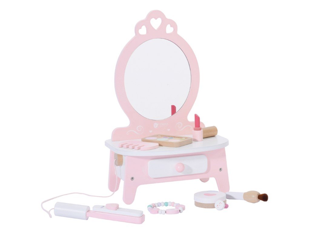 Dětský toaletní stolek se zrcadlem, zásuvkou, make-upem a žehličkou na vlasy