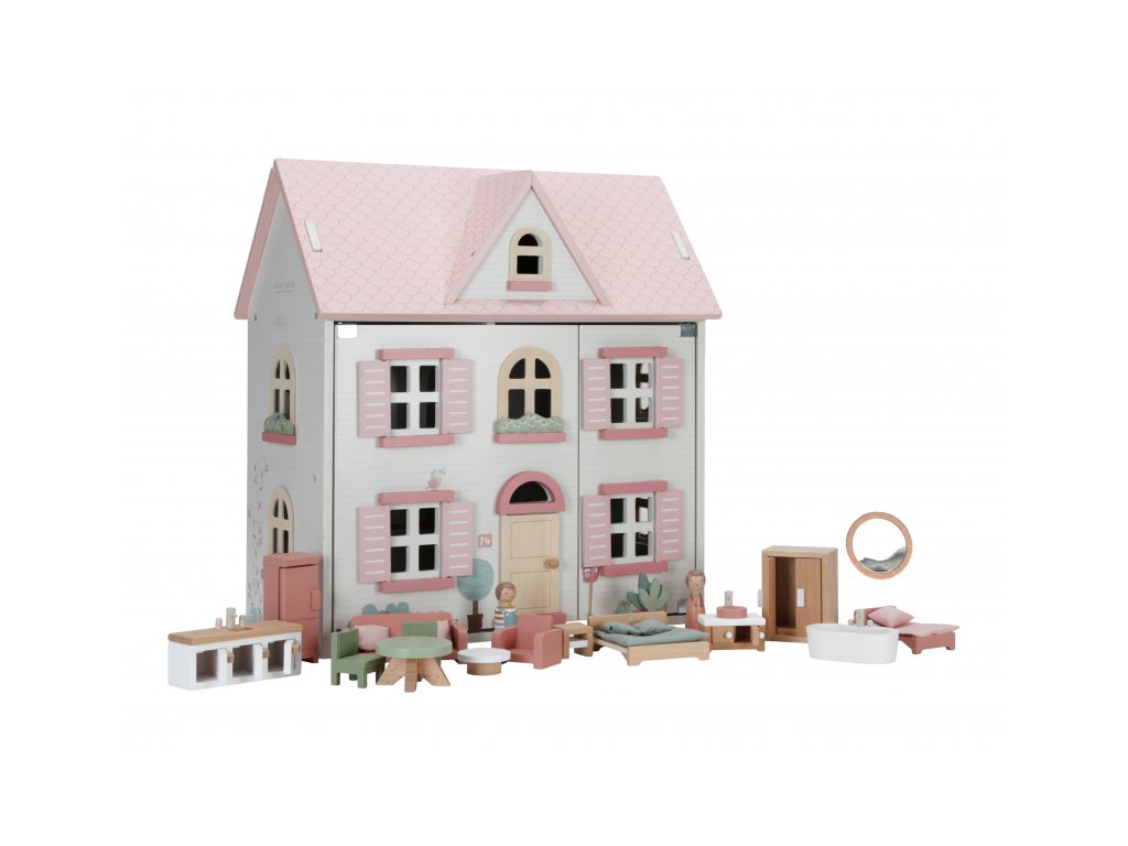 Domeček pro panenky s růžovými okenicemi a střechou