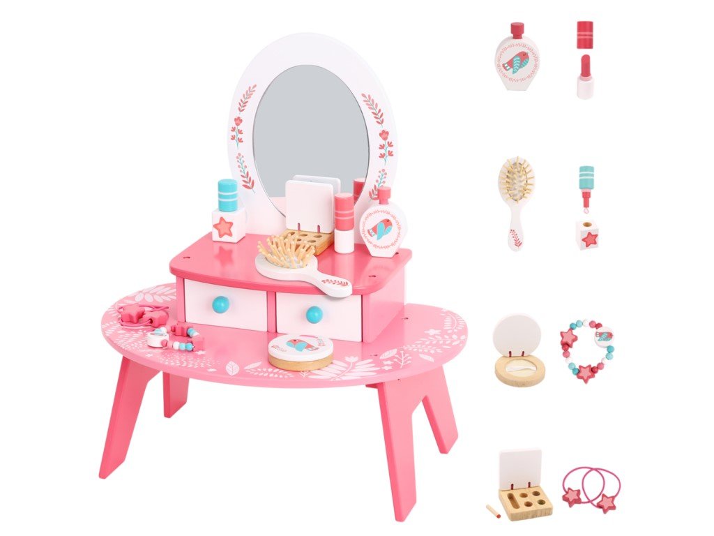 Toaletní stolek pro děti dřevěný růžový s doplňky