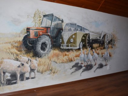 Úžasná malba na míru na stěnu v dětském pokoji s traktorem na venkově