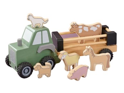 Traktor pro děti ze dřeva s vlečkou a zvířátky z farmy