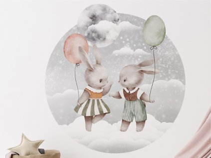 Samolepka na zeď - Krajina snů s králíčky a balónky v oblacích