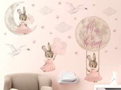 Samolepka na zeď - Růžové králičí holčičky mezi mráčky
