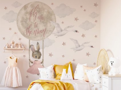 Samolepka na stěnu Růžová králičí holčička na houpačce v oblacích