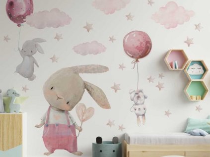 Samolepka na zeď - růžový králíček s lízátkem mezi mráčky
