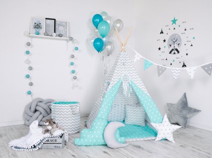 Dětský set teepee cik cak mátový - dětský týpí stan