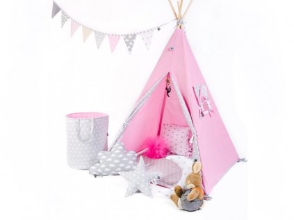 Set teepee stan pro holčičky od ELIS DESIGN v purpurové, šedé a bílé barvě
