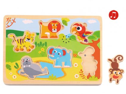 Vkládací dřevěné puzzle pro děti zvukové - zvířátka ze ZOO