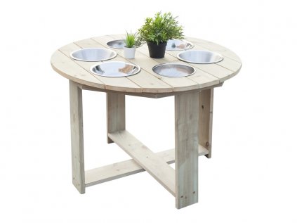 Kulatý dřevěný stůl (venkovní) s miskami - pro hru s pískem, vodou, kamínky
