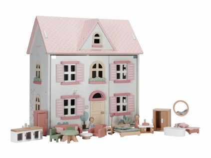 Domeček pro panenky s růžovými okenicemi a střechou