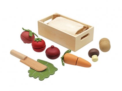 Krájecí zelenina dřevěná pro děti v dřevěné bedýnce