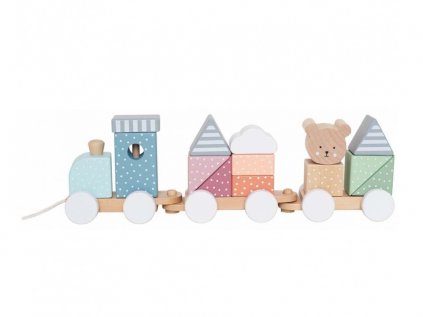 Dřevěný vláček pro děti (tahací hračka) s kostkami - medvídek