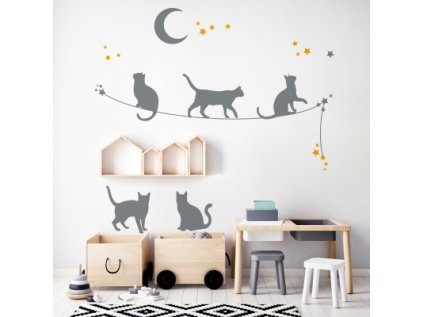 Designová samolepka stínových obrázků koček je velice elegantní a působivá dekorace na zeď dětského pokoje