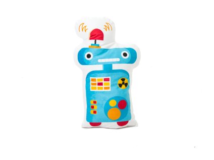 Designový polštářek ve tvaru postavičky robota s potiskem bude dělat vašemu děťátku milou společnost v postýlce, kočárku i na cestách.