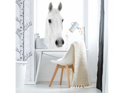 Designovou nástěnnou samolepku s koněm lze v dětském pokoji využít i jako netradiční fototapetu.