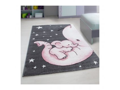 Krásný dětský kusový koberec s růžovým slůnětem si zamiluje každý