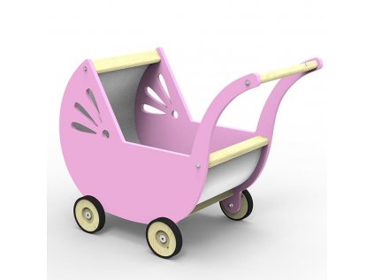 Dřevěný kočárek pro panenky v retrodesignu v růžové barvě je atraktivní hračkou pro nejmenší