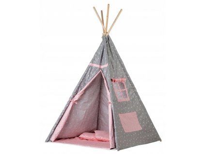 Šedý s trojúhelníčky je dětský teepee (týpí) stan určený především pro holčičky