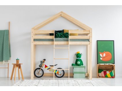 Kvalitní vyvýšená dětská postel z borovice v oblíbeném designu, domeček pro klidný spánek i denní dětské hry.