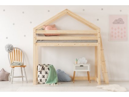 Kvalitní vyvýšená dětská postel z borovice v oblíbeném designu, domeček pro klidný spánek i denní dětské hry.