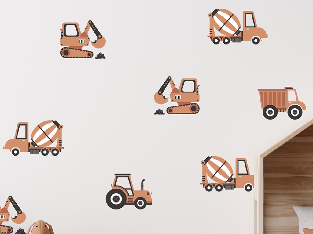 Pastelowe Love Nálepka na zeď – Stavební auta v boho stylu
