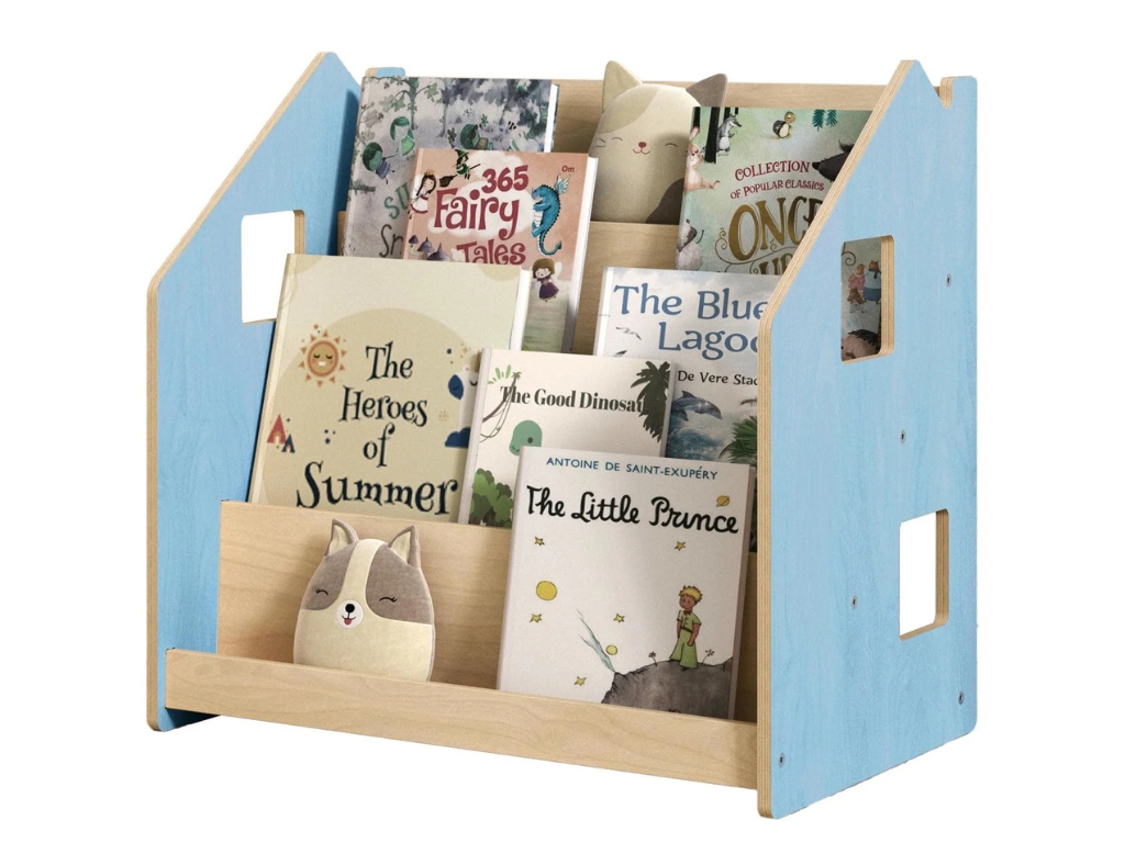 BusyKids Dětská knihovna Domeček – oboustranná natur/modrá