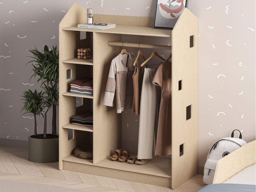 BusyKids Dětská šatní skříň s regálem – Domeček lakovaná