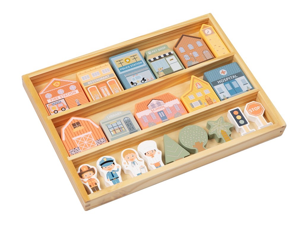 eliNeli Dřevěné kostky město – domy, postavičky a další doplňky