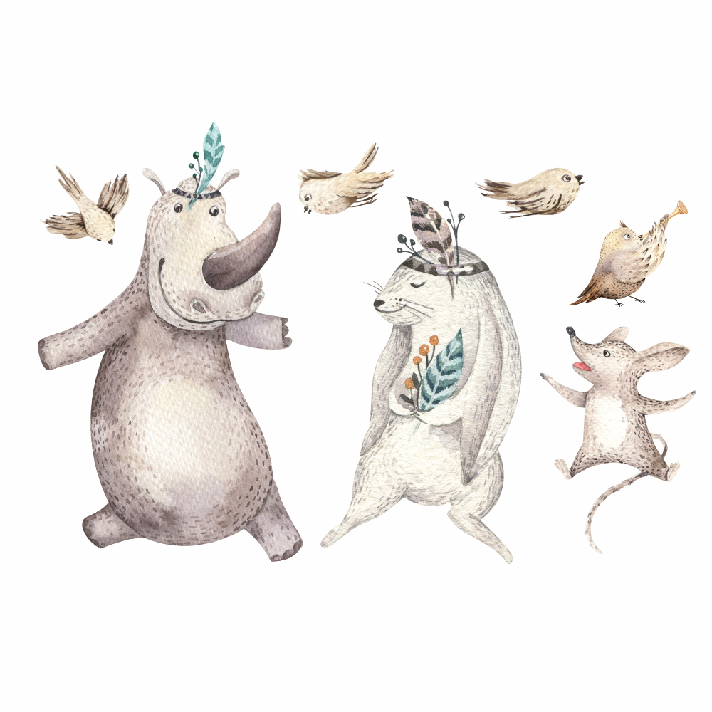DEKORACJAN Samolepka na zeď – zvířátka – nosorožec, králík a myš Velikost: L