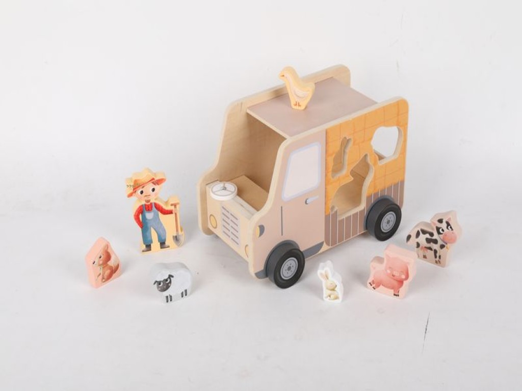 eliNeli Dřevěné autíčko 2v1 se zvířátky – Jeep + vkládačka