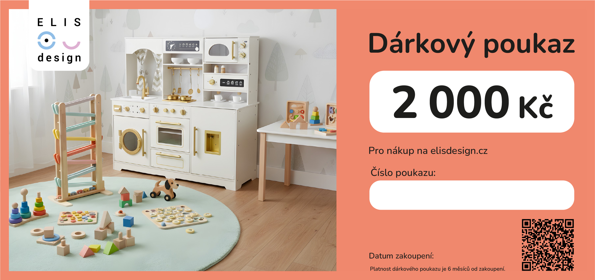 ELIS DESIGN Elektronický dárkový poukaz Hodnota poukazu: 2000, Design poukazu: Dřevěné hračky