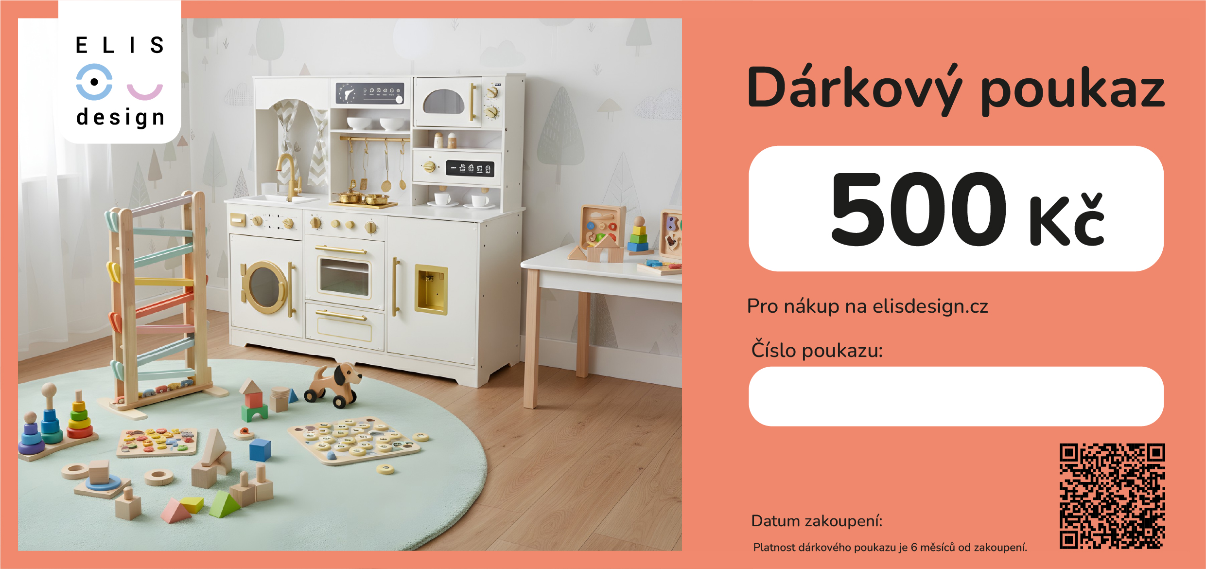 ELIS DESIGN Elektronický dárkový poukaz Hodnota poukazu: 500, Design poukazu: Dřevěné hračky