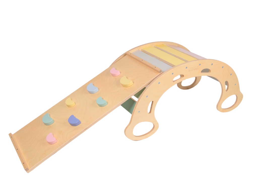 Levně eliNeli Dřevěná montessori houpačka PRO 5v1 set s prknem 2v1 pastel - BAZAR
