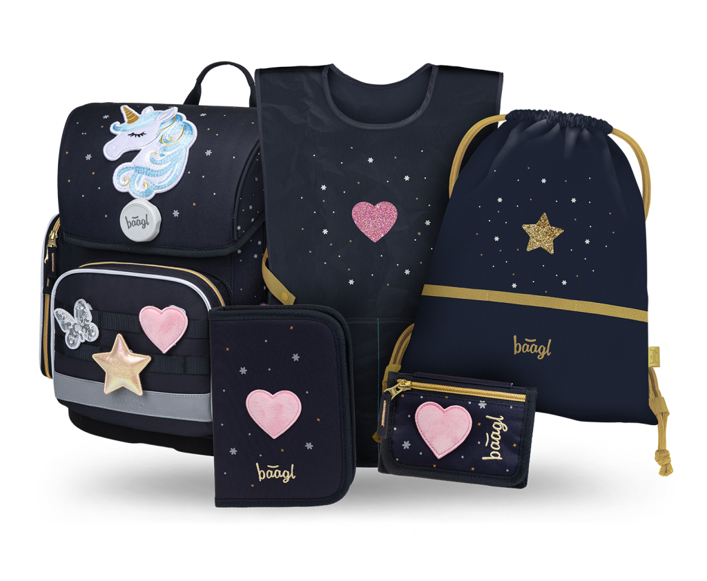 BAAGL SET 5 Ergo Unicorn Gold: aktovka, penál, sáček, zástěra, peněženka