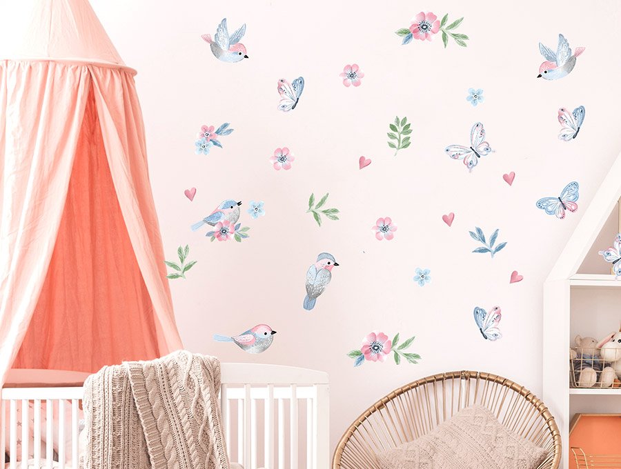 Pastelowe Love Nálepka na zeď – růžoví ptáčci