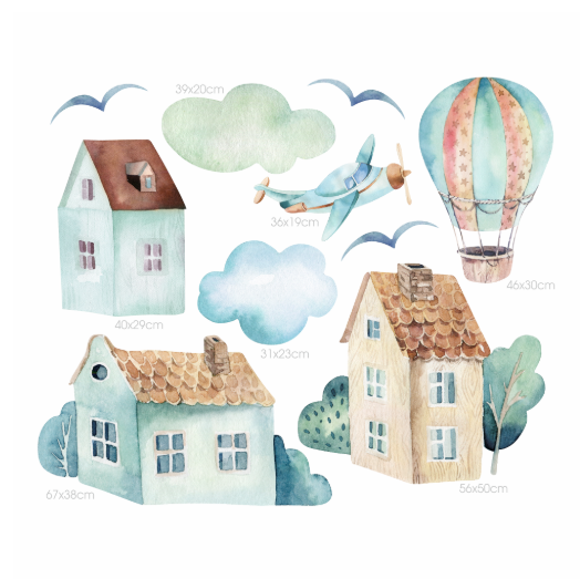 DEKORACJAN Nálepka na zeď – domečky a letadla