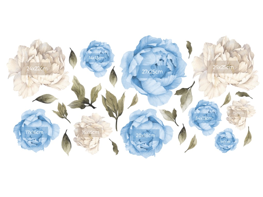 DEKORACJAN Nálepka na zeď – květy pivoňky bílomodré