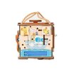 Originální activity board kostka s montessori prvky a fialovým LED osvětlením